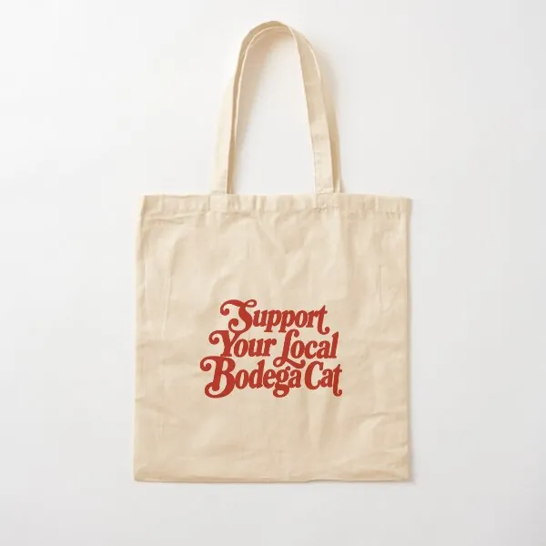 Natural cotton tote with Support Your Local Bodega Cat in red script lettering